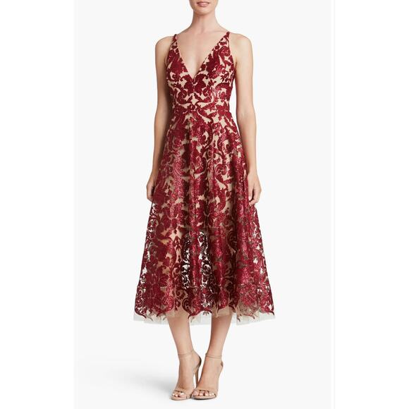 Dress the Population Blair Embellished Fit & Flare Dress in Red Berry Size M NWT - Picture 1 of 7